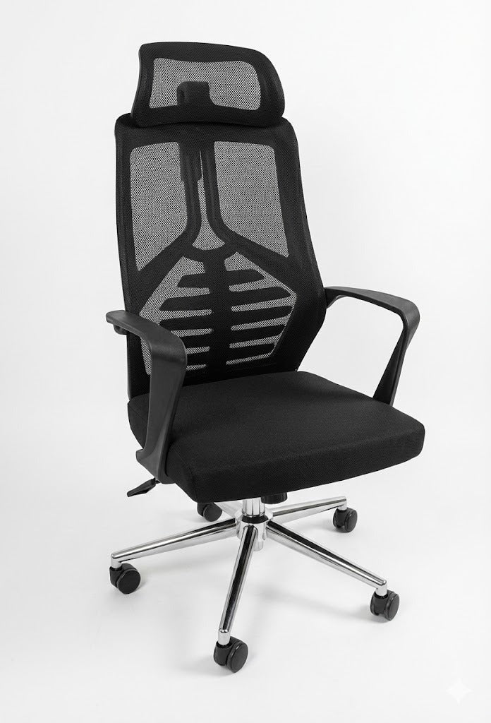 Mesh High Back Chair, With Headrest, Tilt Back, Fixed Arms, Chrome Base, Black - DAN 2259-N