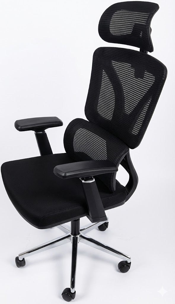 Mesh High Back Chair, With Headrest, Special Low Back Support, 4D Arms, Tilt Back, Chrome Base, Black - DAN 331