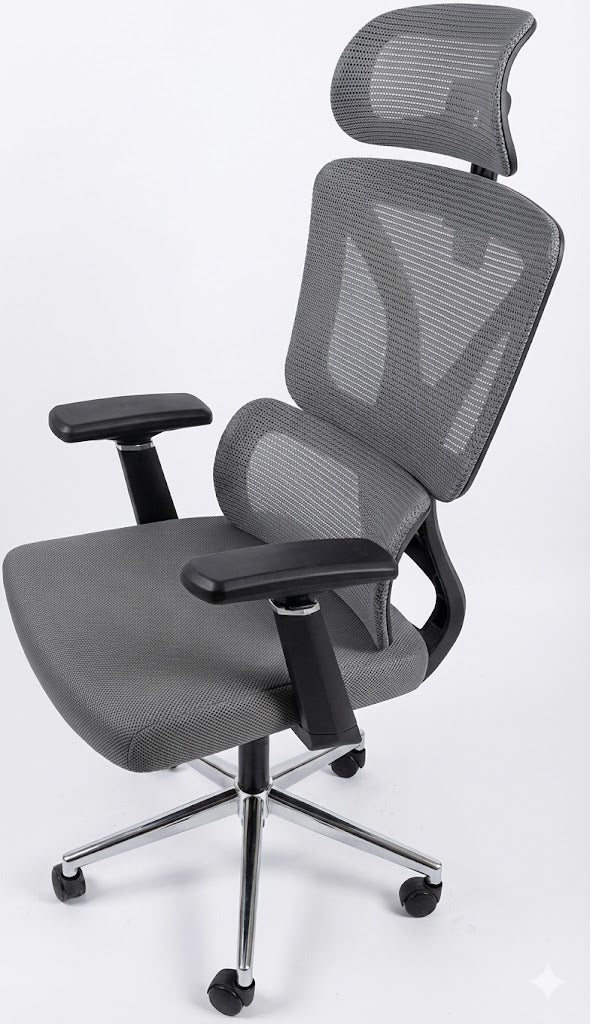 Mesh High Back Chair, With Headrest, Special Low Back Support, 4D Arms, Tilt Back, Chrome Base, Grey - DAN 331