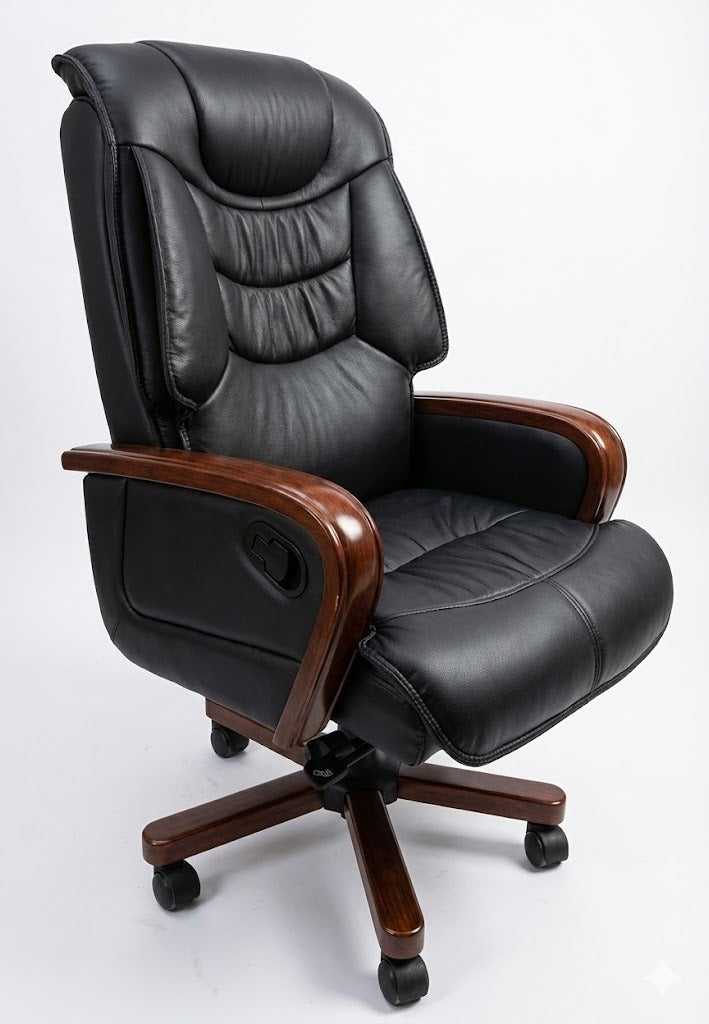 PU Manager Recliner Office Chair, With Wooden Arms, Wooden Steel Base with Nylon Casters, Black - DAN 7026