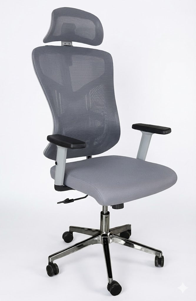 Mesh High Back Chair, With Headrest, Tilt Back, 3D-Adjustable Arms, Chrome Base, Grey - DAN 8001