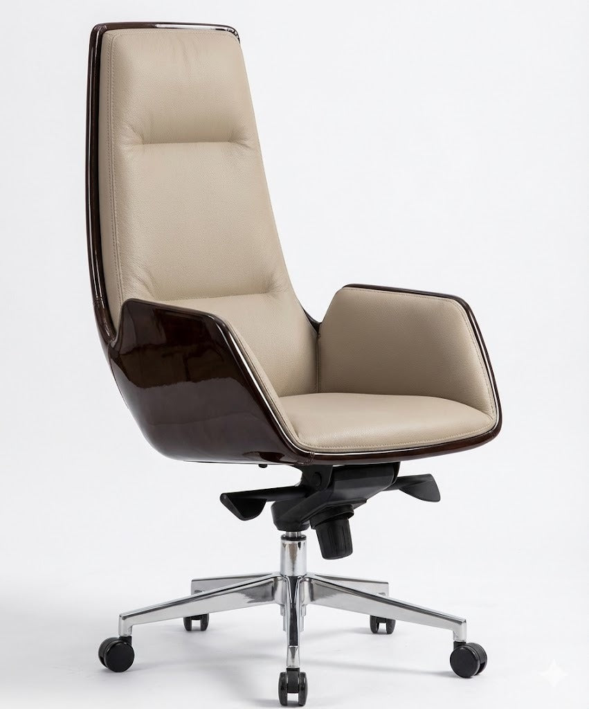 PU High Back Boss Chair, Chrome Base with Nylon Casters, Beige+Brown - DAN 965