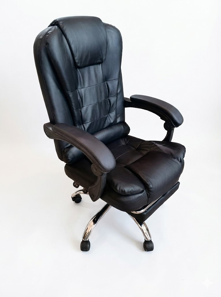 PU Office Chair, With Foot Rest, Chrome Base with Nylon Casters, Black - DAN 109PU