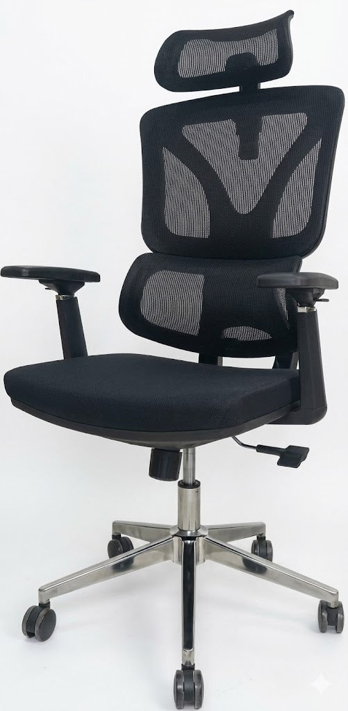 Mesh High Back Chair, With Headrest, Special Low Back Support, 4D Arms, Tilt Back, Chrome Base, Black - DAN 121