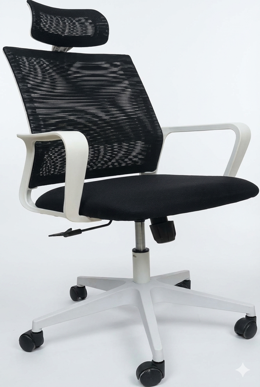 Mesh High Back Chair, With Headrest, White PP Arms, White Nylon Base, Black - DAN 128H