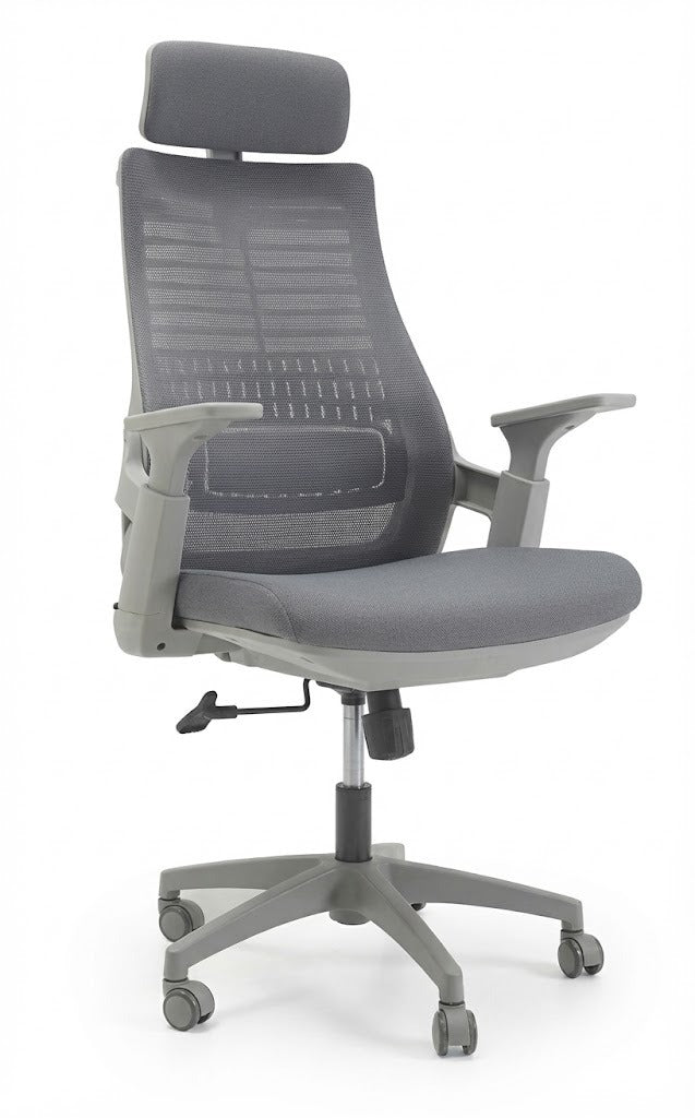 Mesh High Back Chair, With Headrest, Tilt Back, Fixed Arms, Nylon Base, Grey - DAN 2020A