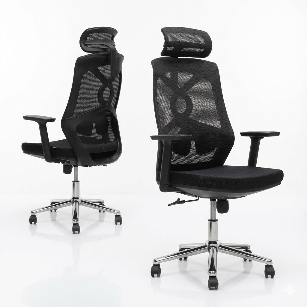 Mesh High Back Chair, With Headrest, Fixed Arms, Chrome Base, Black - DAN 2259