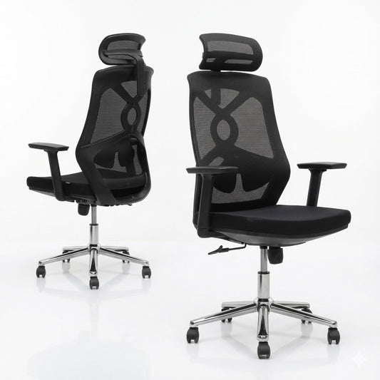 Mesh High Back Chair, With Headrest, Fixed Arms, Chrome Base, Black - DAN 2259