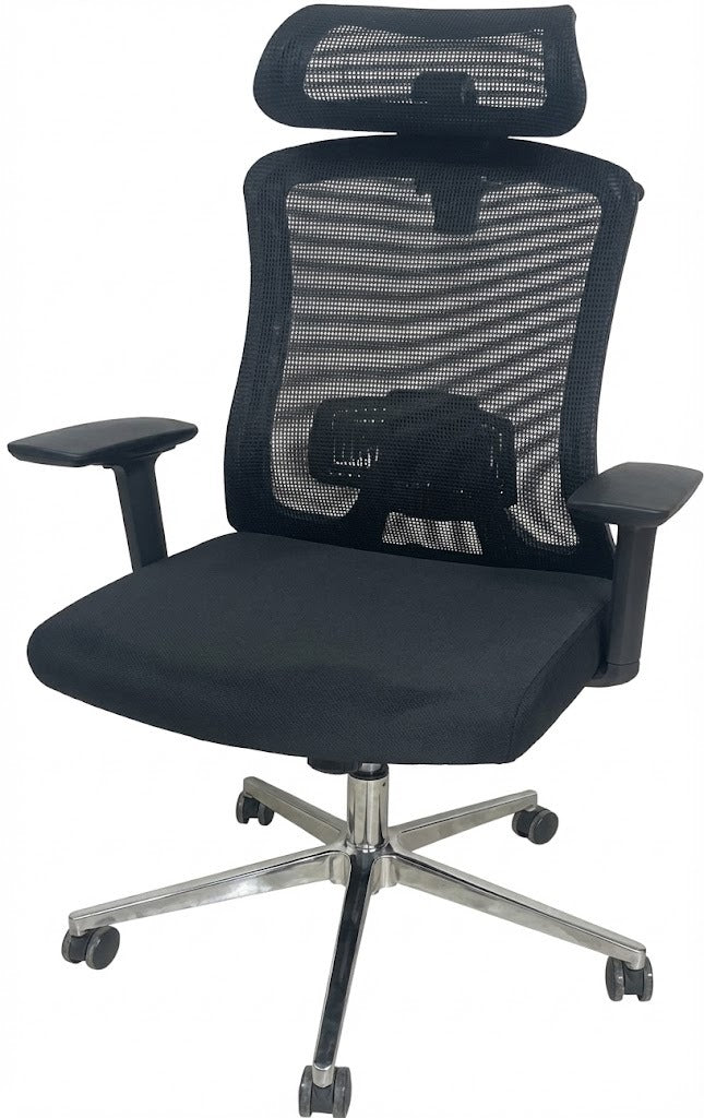 Mesh High Back Chair, With Headrest, Fixed Arms, Chrome Base, Black - DAN 2558