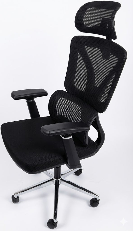 Mesh High Back Chair, With Headrest, Special Low Back Support, 4D Arms, Tilt Back, Chrome Base, Black - DAN 331