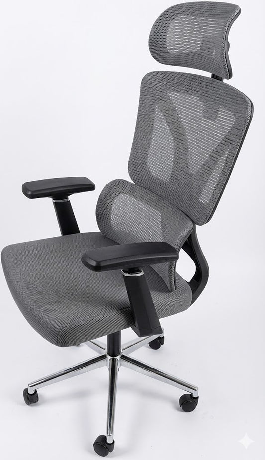 Mesh High Back Chair, With Headrest, Special Low Back Support, 4D Arms, Tilt Back, Chrome Base, Grey - DAN 331