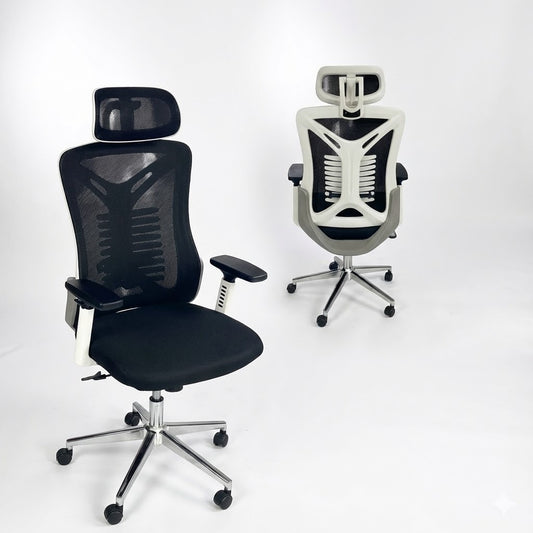 Mesh High Back Chair, With Headrest, Fixed Arms, Chrome Base, Black Seat with White Body, Black - DAN 6037