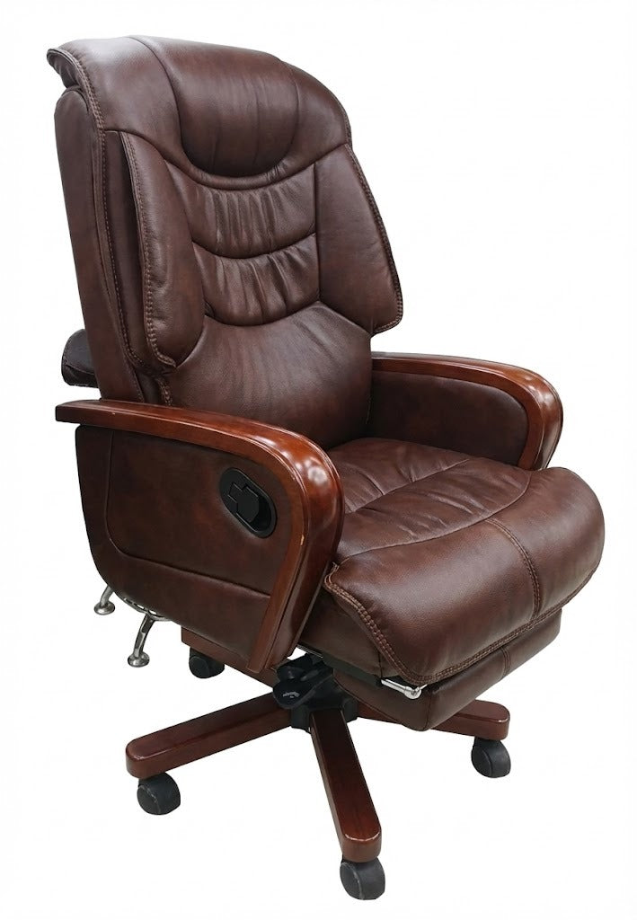 PU Manager Recliner Office Chair, With Wooden Arms, Wooden Steel Base with Nylon Casters, Brown - DAN 7026