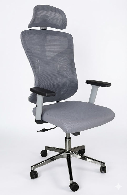 Mesh High Back Chair, With Headrest, Tilt Back, 3D-Adjustable Arms, Chrome Base, Grey - DAN 8001