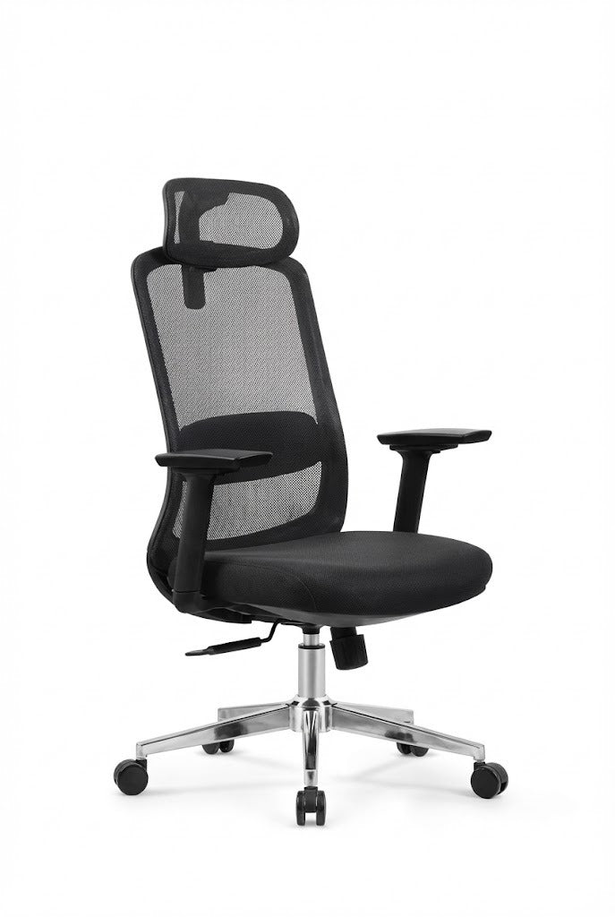 Ergonomic Mesh High Back, With Headrest, 4D-Adjustable Arms, Chrome Base with Nylon Casters, Black - DAN 889-A