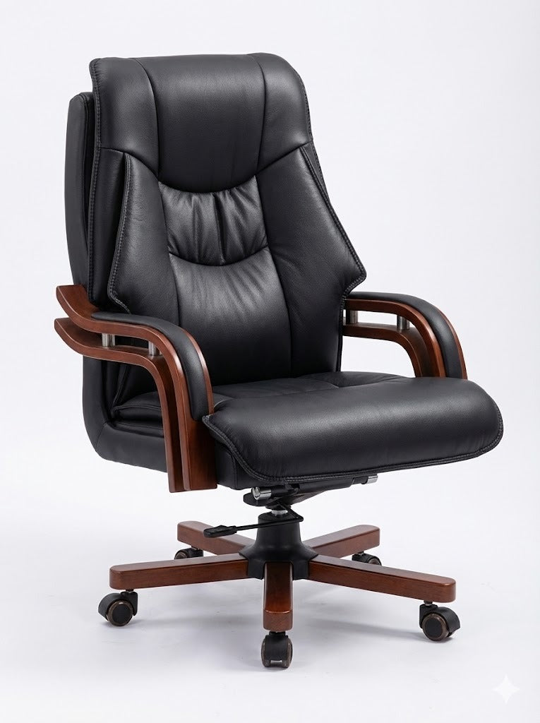 PU Manager Recliner Office Chair, With Wooden Arms, Wooden Steel Base with Nylon Casters, Black - DAN 9988