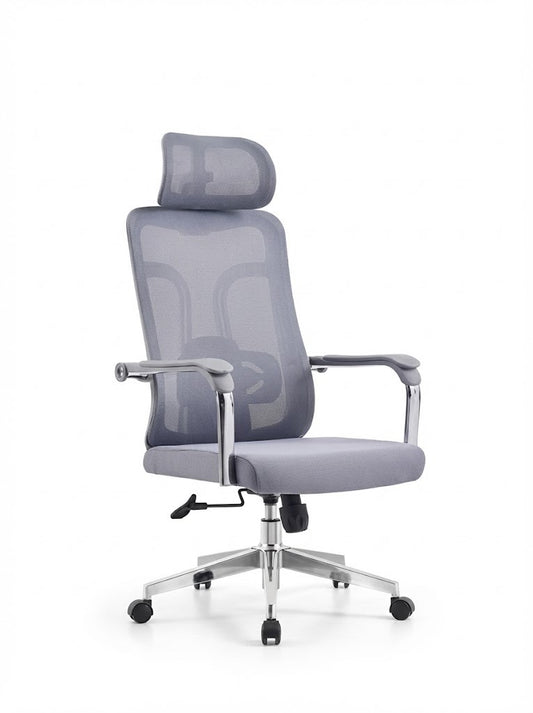 Ergonomic Mesh High Back Chair, With Headrest, Chrome Base with Nylon Casters, Grey - DAN A-215-S