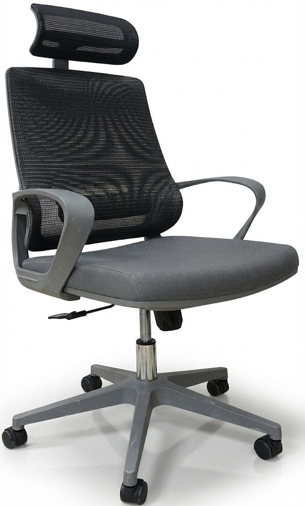High Back Office Chair, With Headrest, Nylon Base with Nylon Casters, Grey - DAN 3353