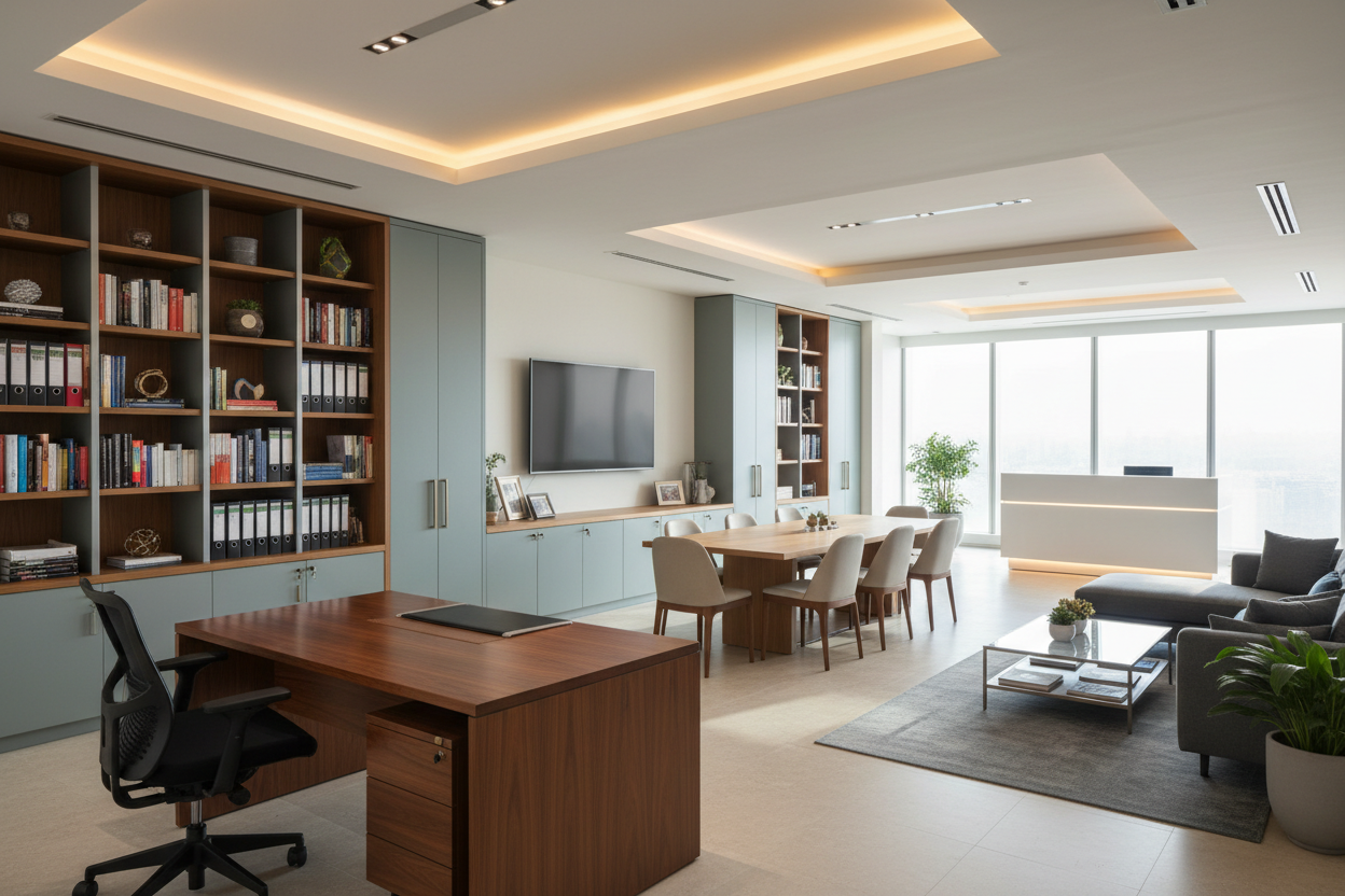 all office furniture in one frame in an office 